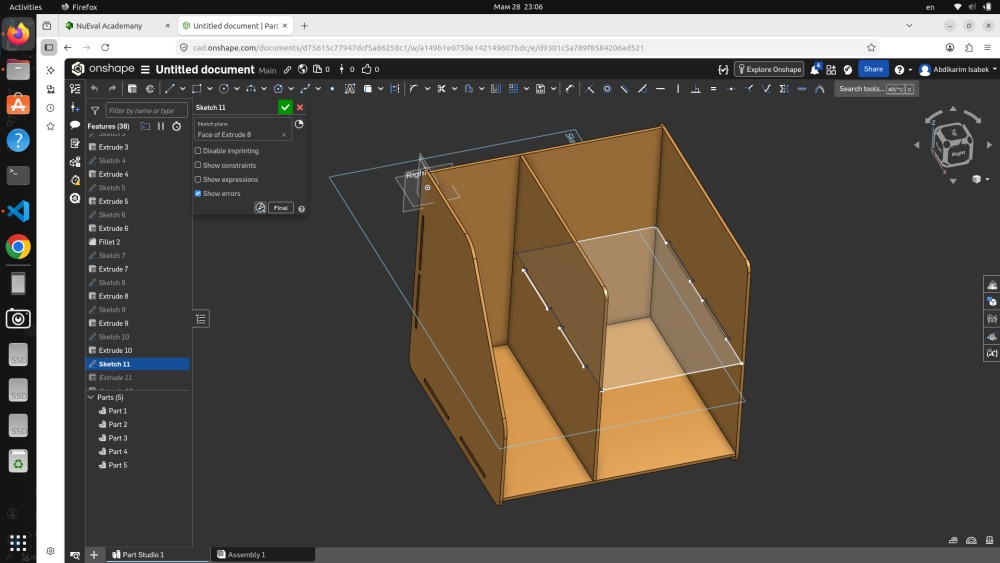 Onshape Sketch 11 — full 3D assembly view from front-left perspective showing completed organizer with angled front panel, two interior dividers, all slot joints visible, Parts (5) in feature tree