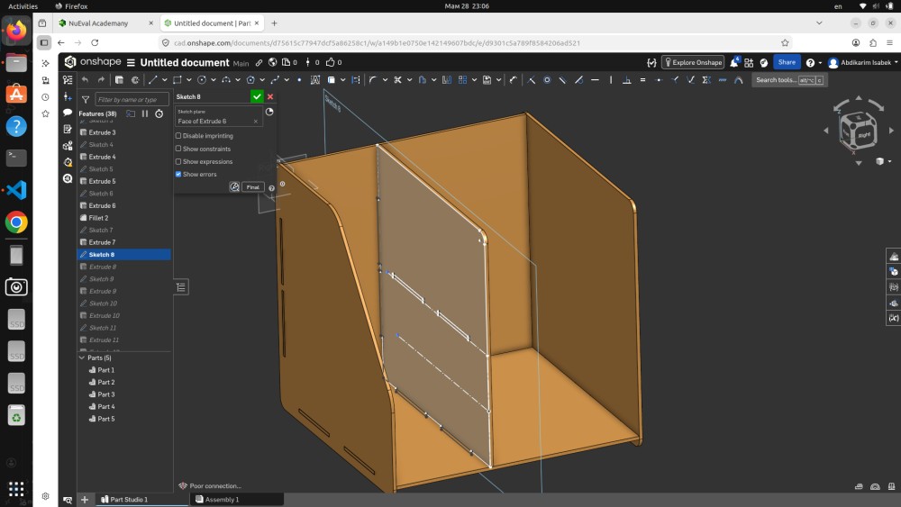 Onshape Sketch 8 — side view showing internal divider with slot cutouts on bottom edge for connecting to base, Panel visible fitting inside the housing