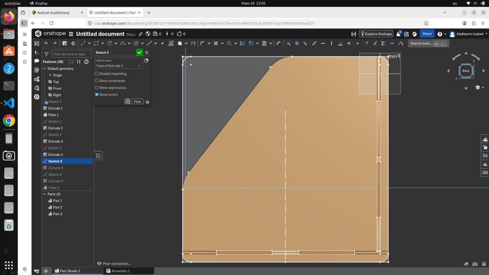 Onshape Sketch 5 — Front view showing the angled front panel with curved upper corner, slot cutouts at base visible, Parts (3)