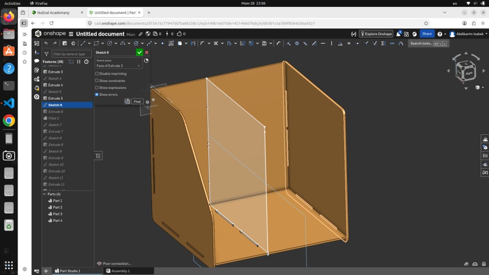 Onshape Sketch 6 — Left view showing back panel with slot geometry on all edges, connecting to side panels