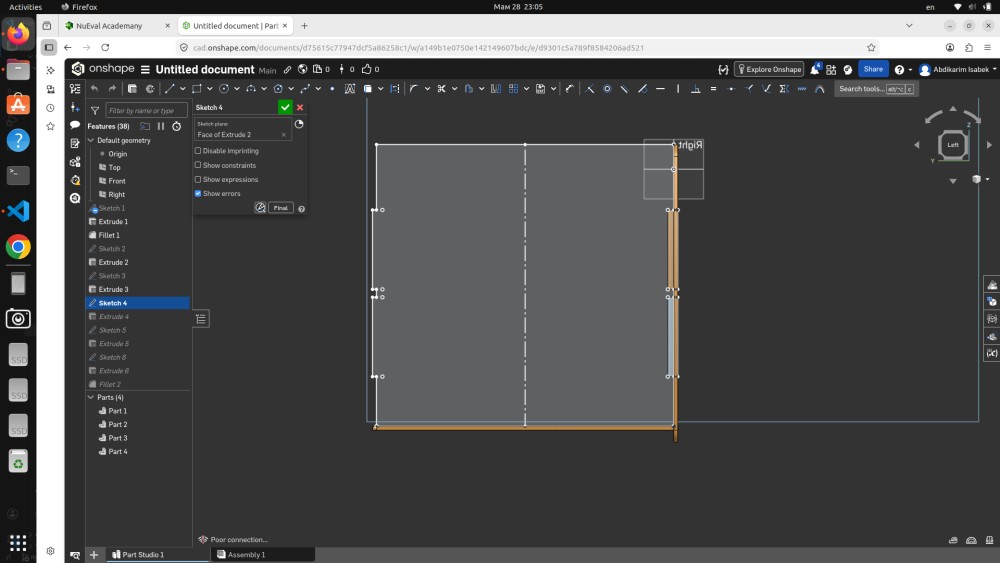 Onshape Sketch 4 — left side view showing side panel with slot cutouts on both long edges for connecting to front and back panels