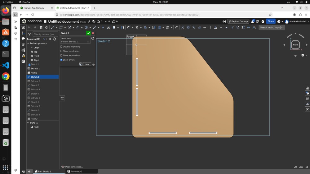 Onshape Sketch 2 — front panel with diagonal cut and two slot cutouts at the base, Parts (1) showing first solid body created