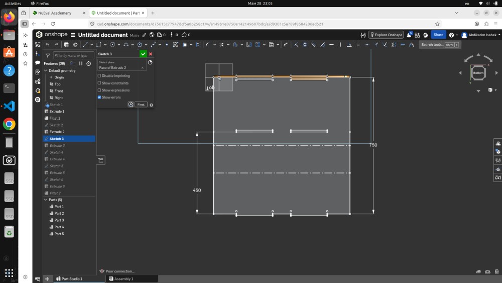 Onshape Sketch 3 — bottom view showing 750mm width and 450mm depth with shelf slot positions marked as dashed lines
