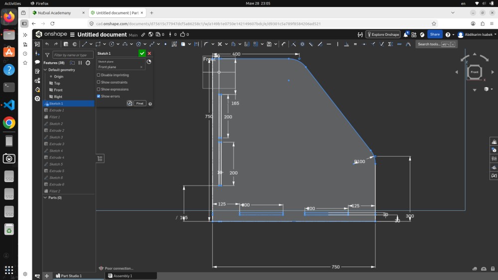 Onshape Sketch 1 — front plane dimensions: width 750mm, height 750mm, depth 300mm, slot positions defined