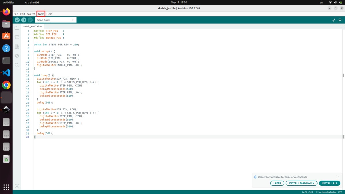 Arduino IDE showing the stepper motor sketch code