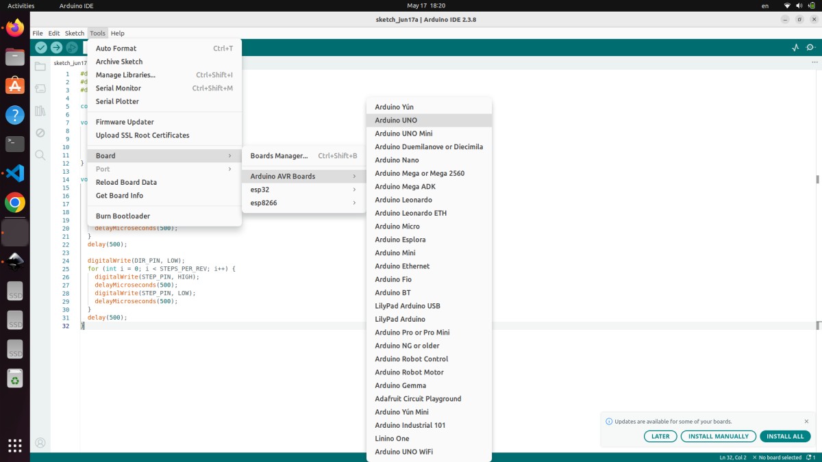 Arduino IDE Tools menu showing board selection with Arduino UNO highlighted