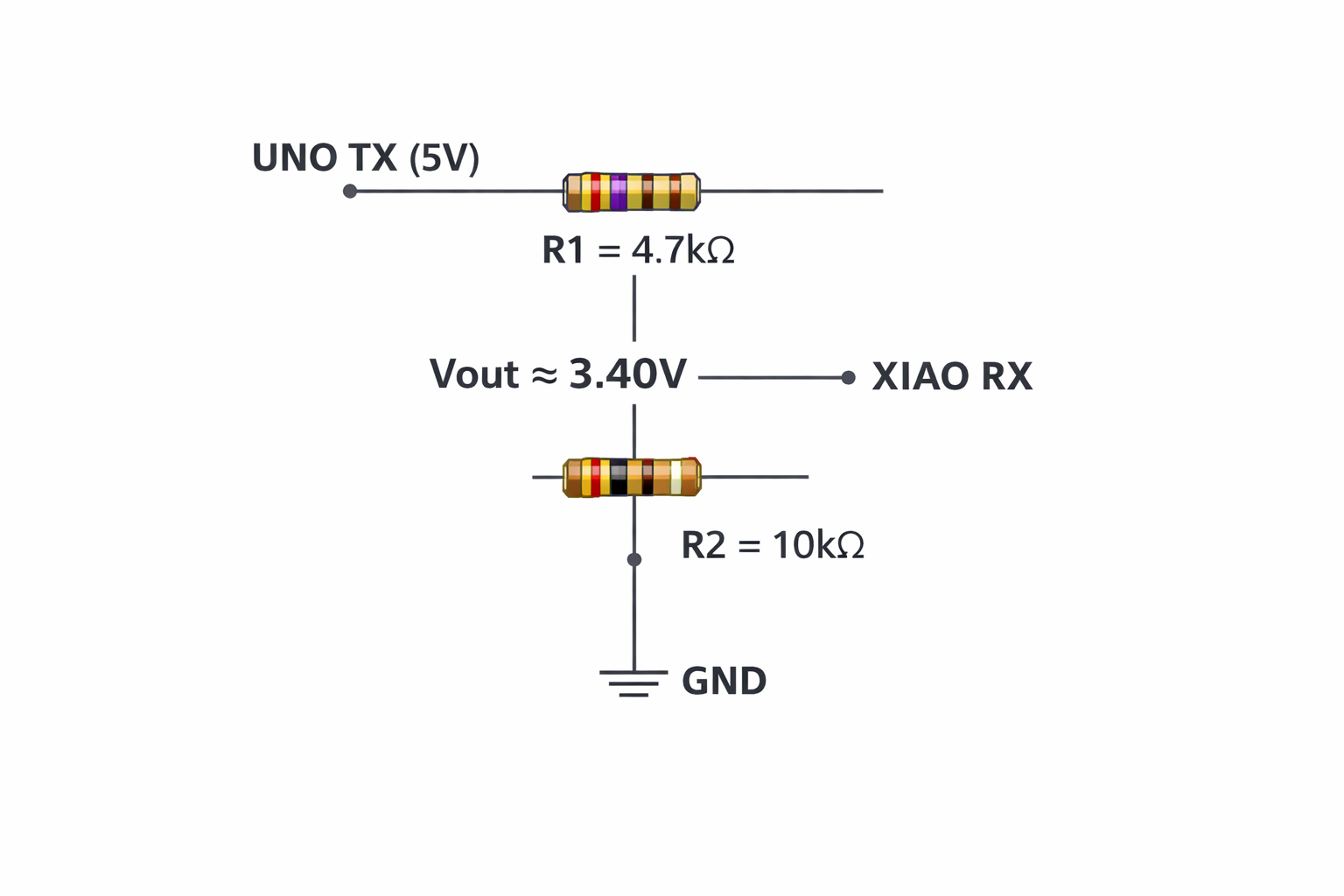 Voltage divider diagram for UNO TX to XIAO RX