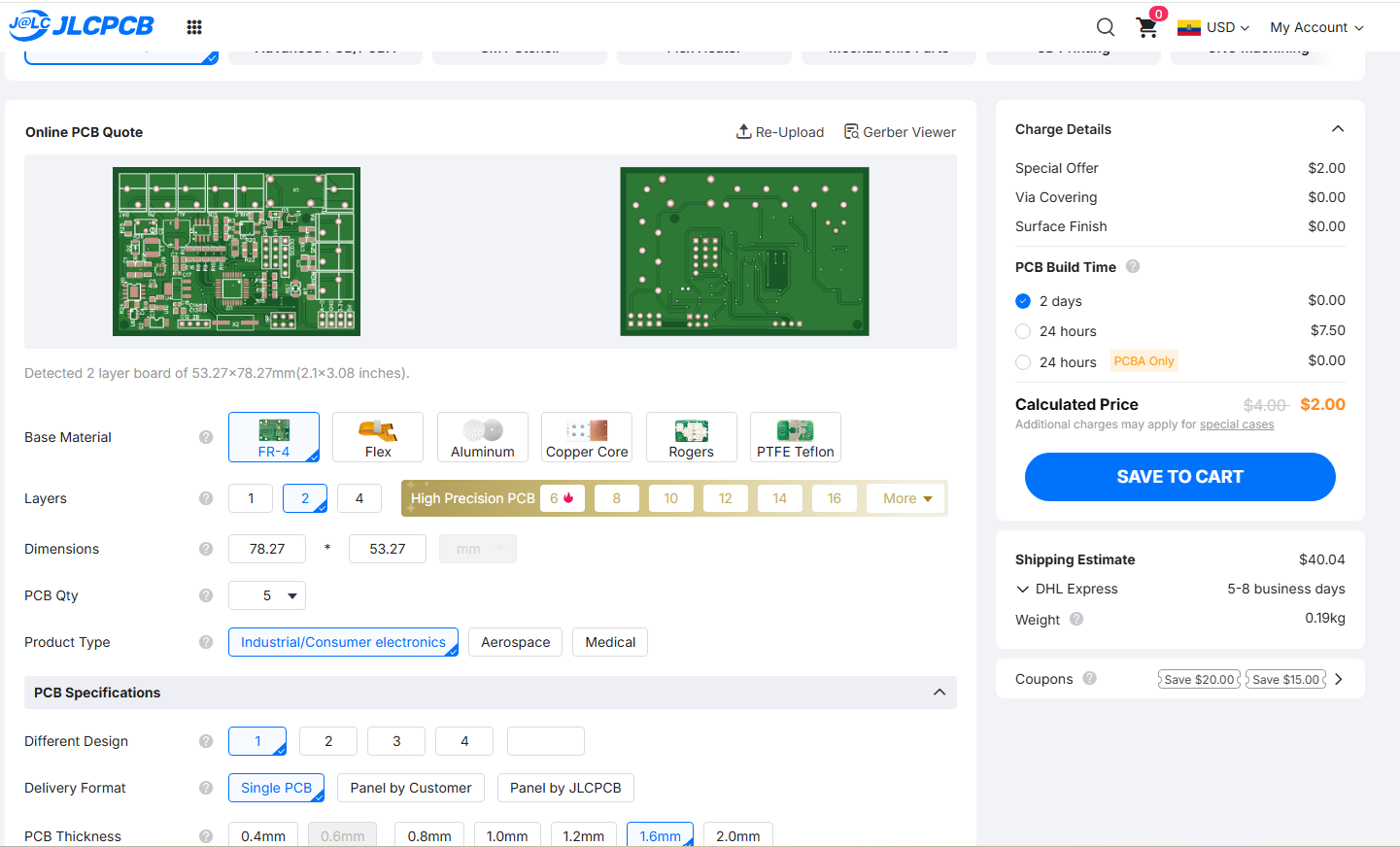 JLCPCB Gerber upload and PCB fabrication options