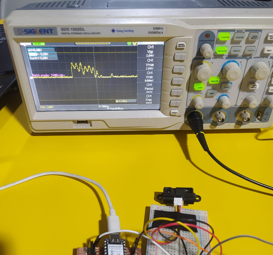 Sharp proximity sensor connected to oscilloscope