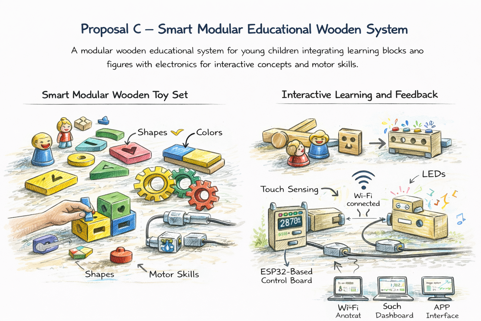 Sketch for Option C: Smart Modular Educational Wooden System