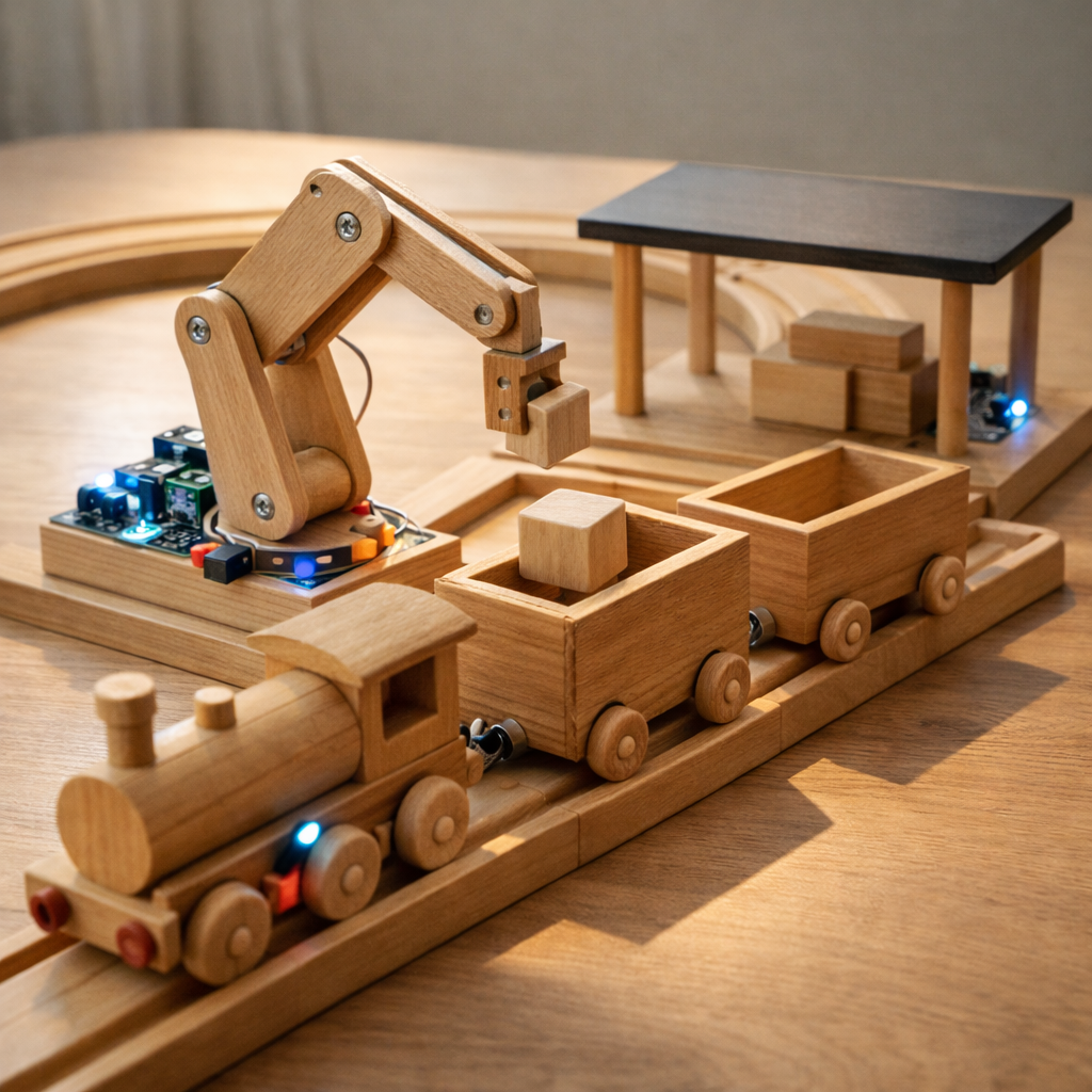 Interactive station loading a wagon with a robotic arm