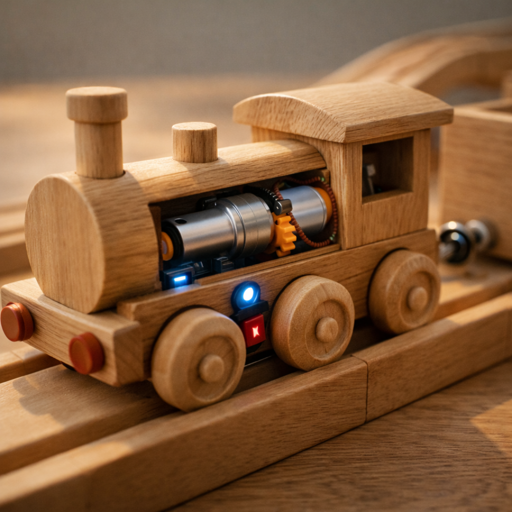 Close-up of the wooden train showing integrated motorized concept