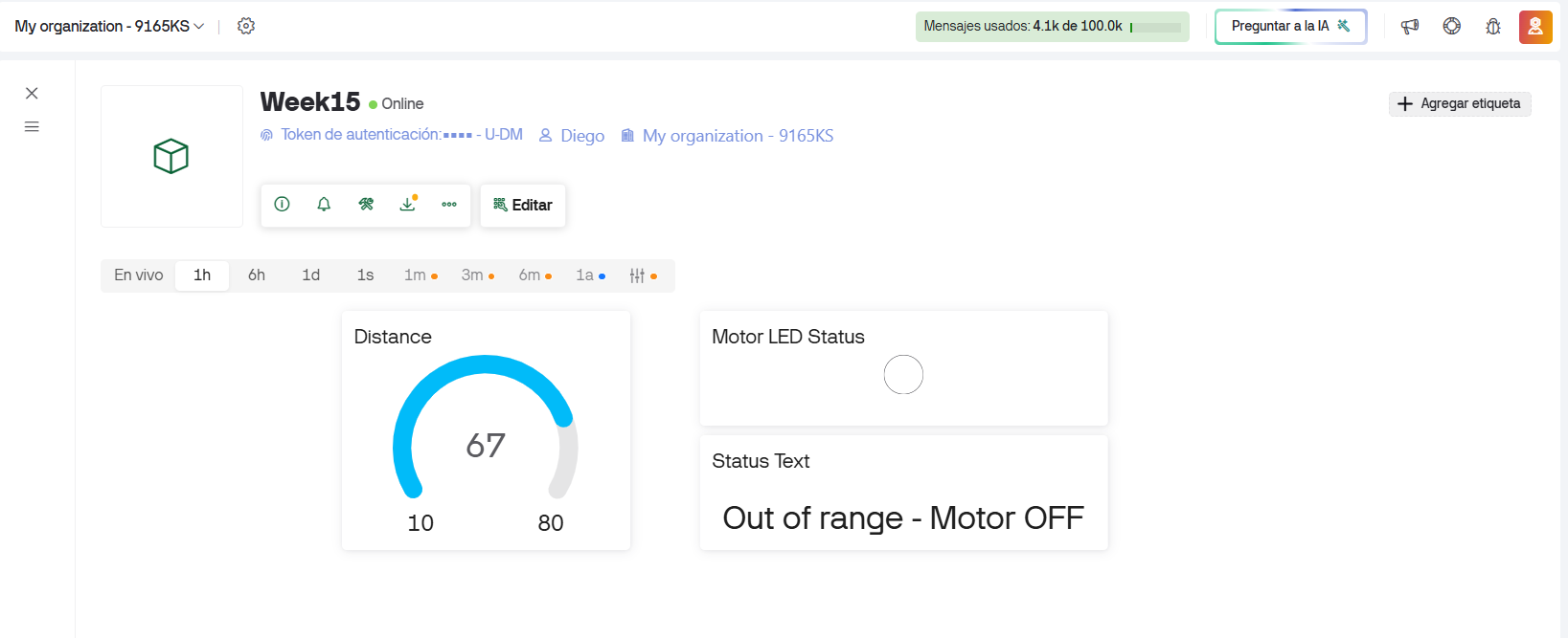 Blynk dashboard with gauge label and LED widget