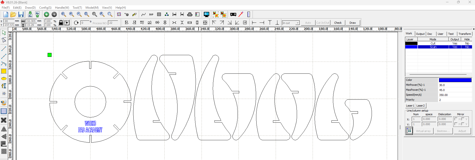 Final layout in RDWorks ready for cutting