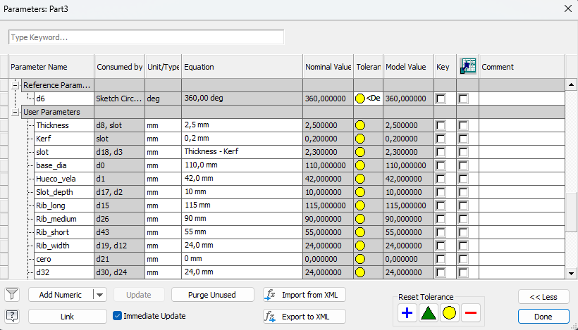 Inventor parameter table