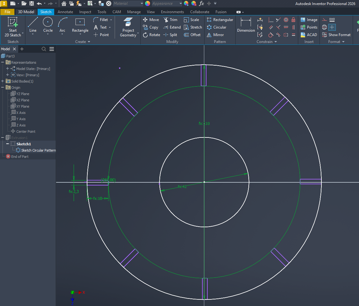 Inventor sketch showing base and ribs