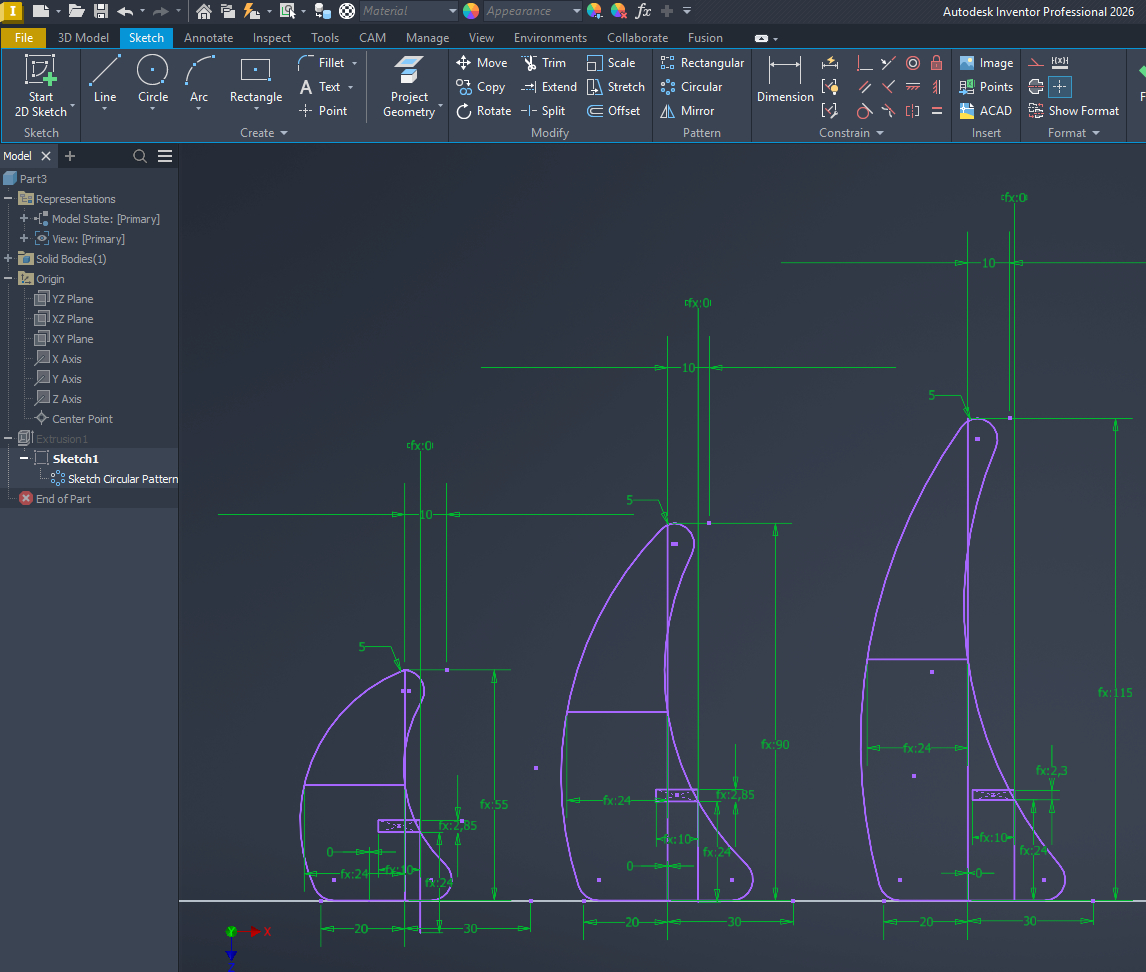 Inventor sketch showing detailed rib design