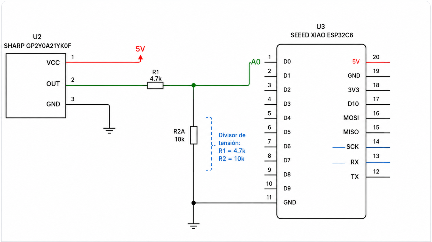 Schematic connection between XIAO, Sharp sensor, and voltage divider