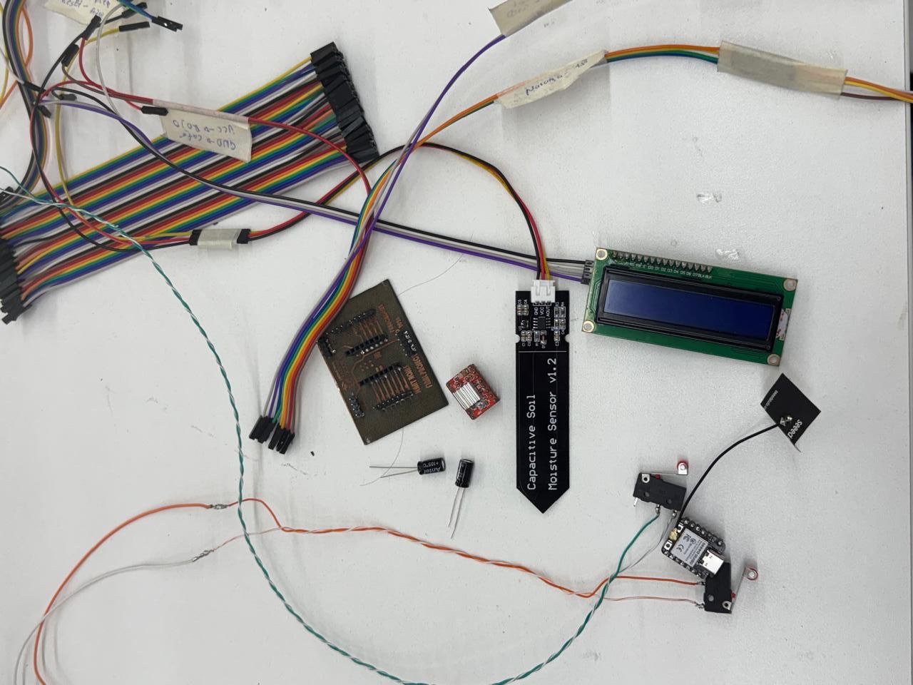 Electronic components and wiring organized on the worktable