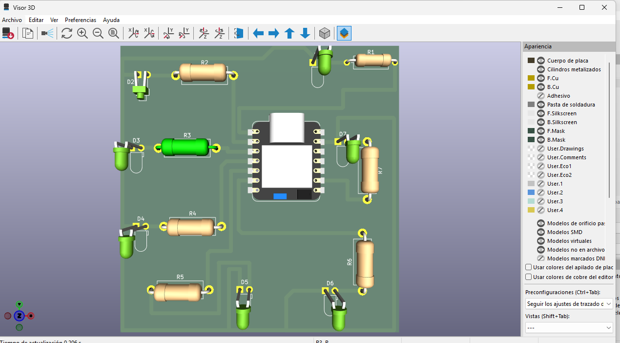 KiCad 3D view of the final LED roulette PCB