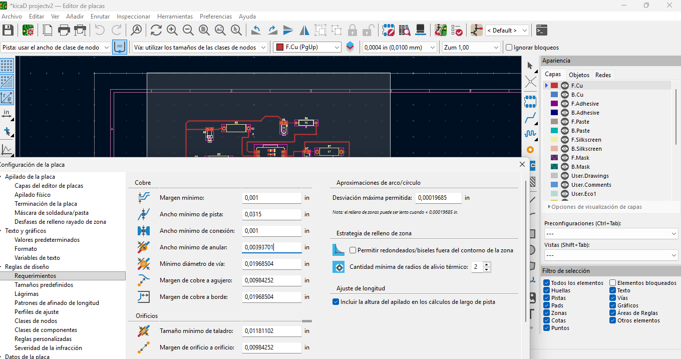 KiCad Design Rules panel for the LED roulette PCB