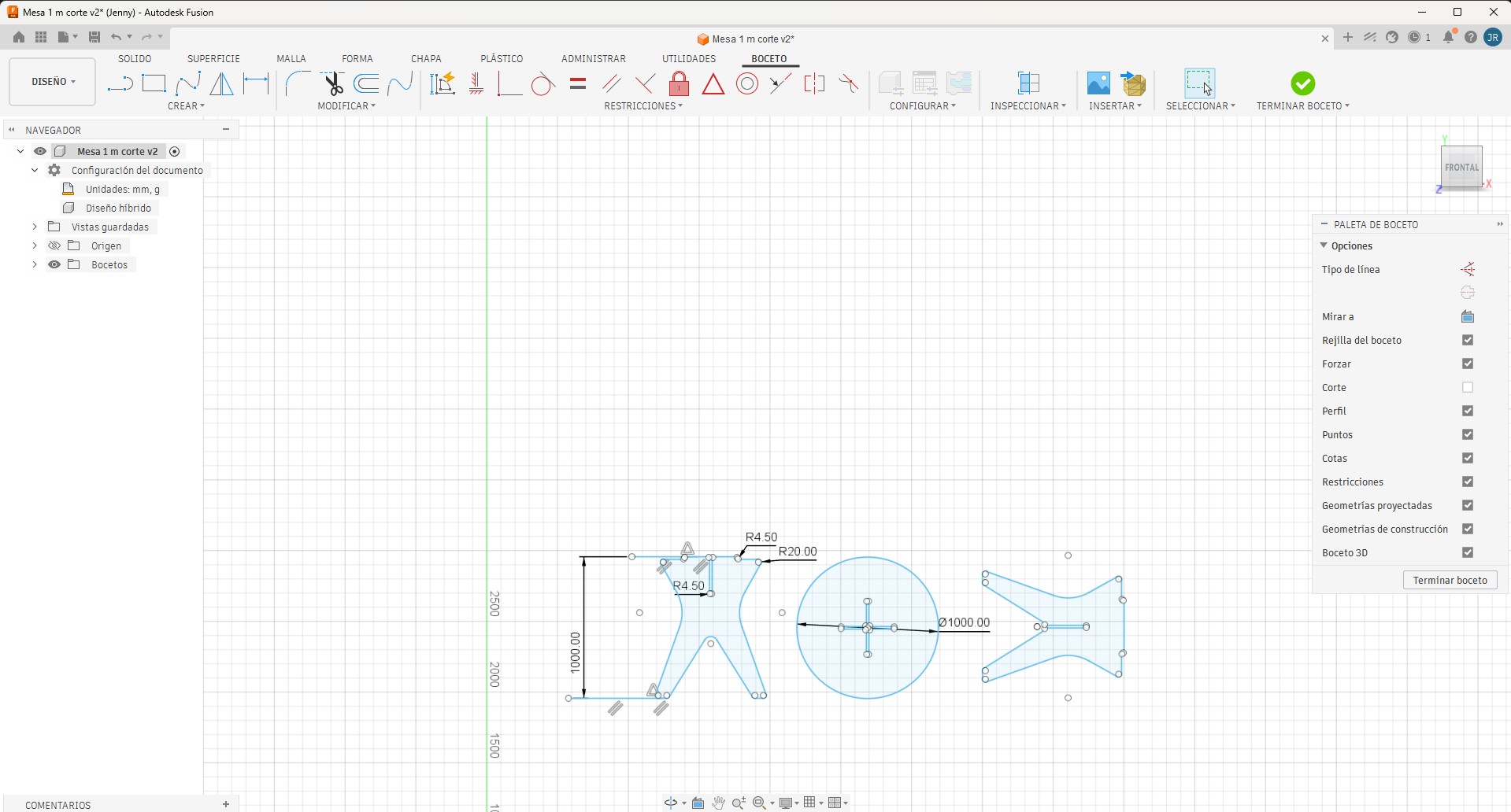 Corrected Fusion 360 design with 1000 mm reference dimensions