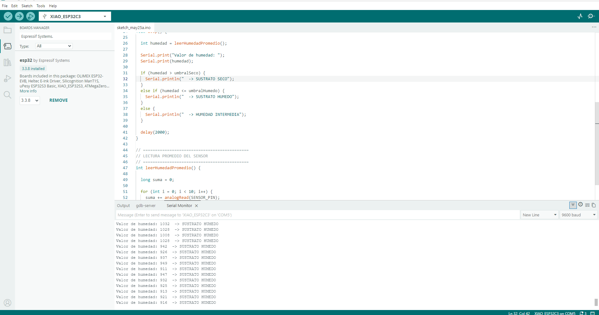 Arduino IDE code with dry, wet and intermediate threshold logic