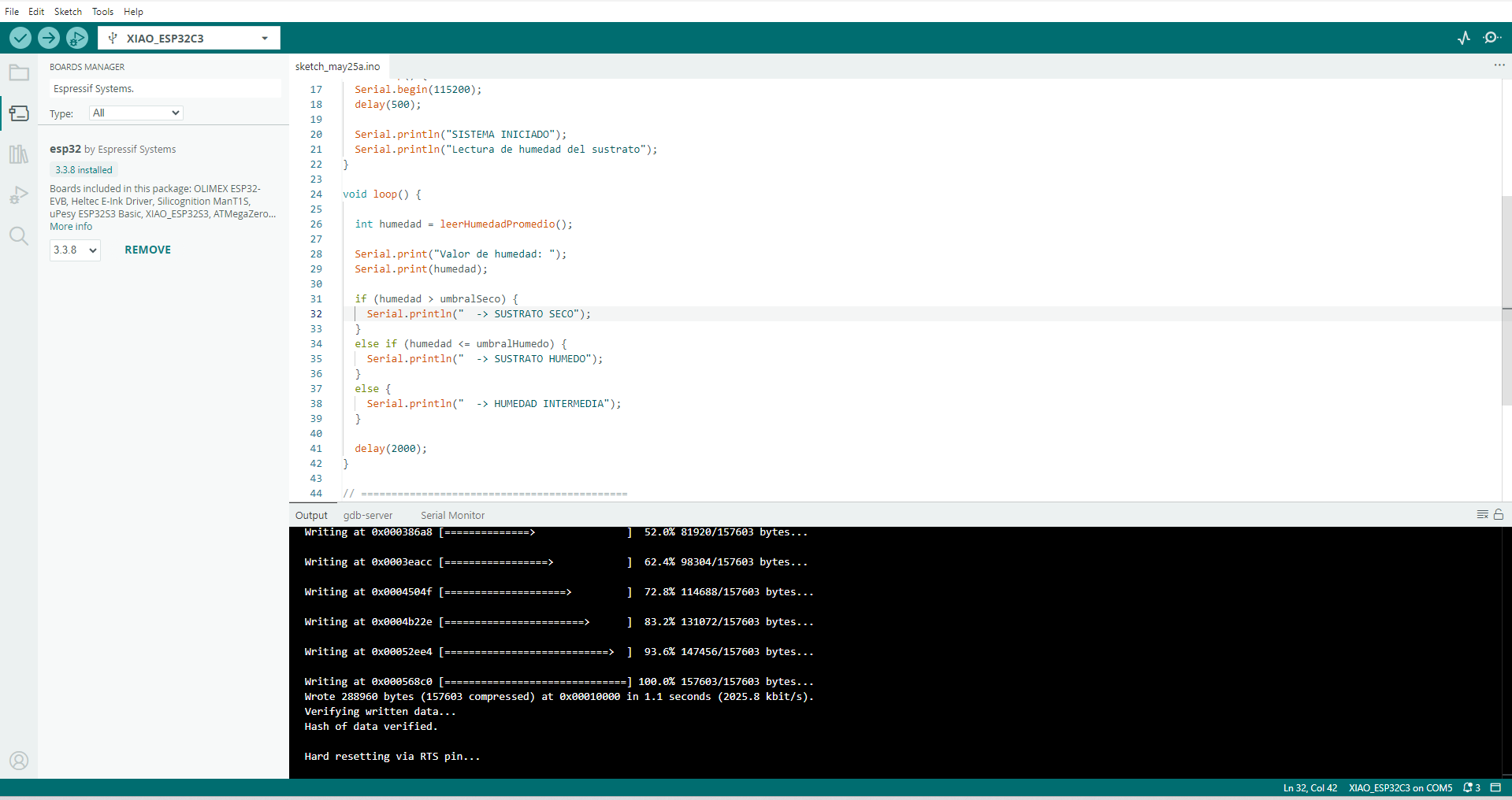 Arduino IDE upload process completed for XIAO ESP32-C3