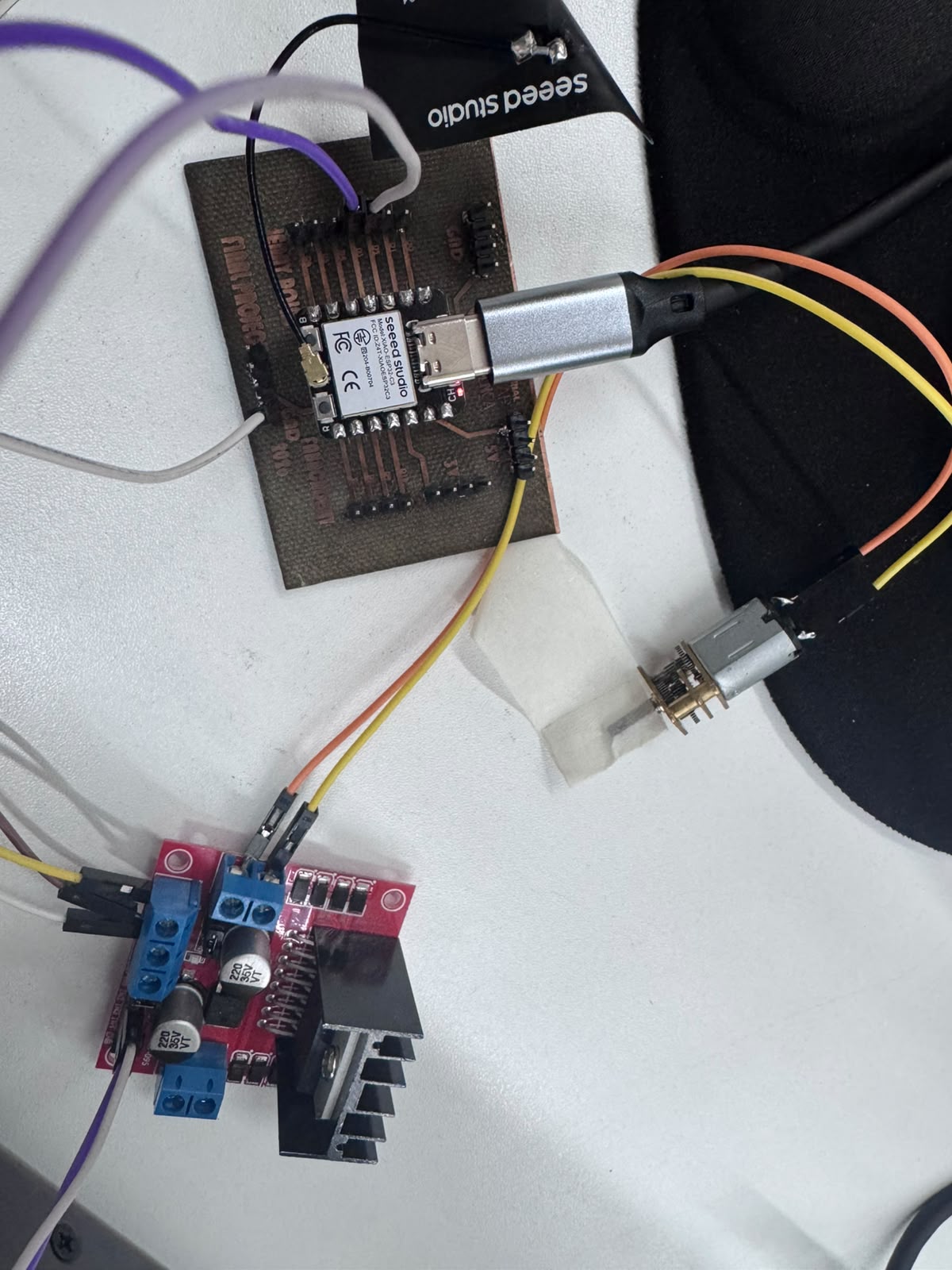 System wiring connection between the PCB, L298N driver, and DC motor