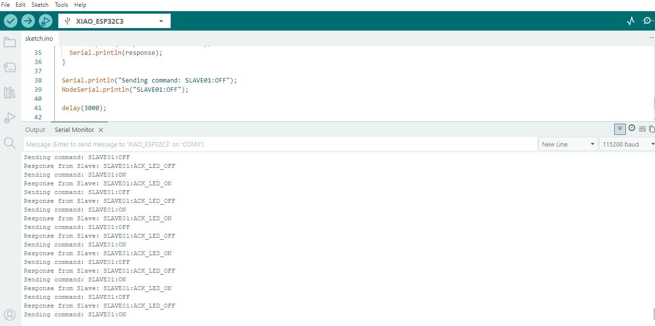 Master serial monitor showing commands and acknowledgement messages