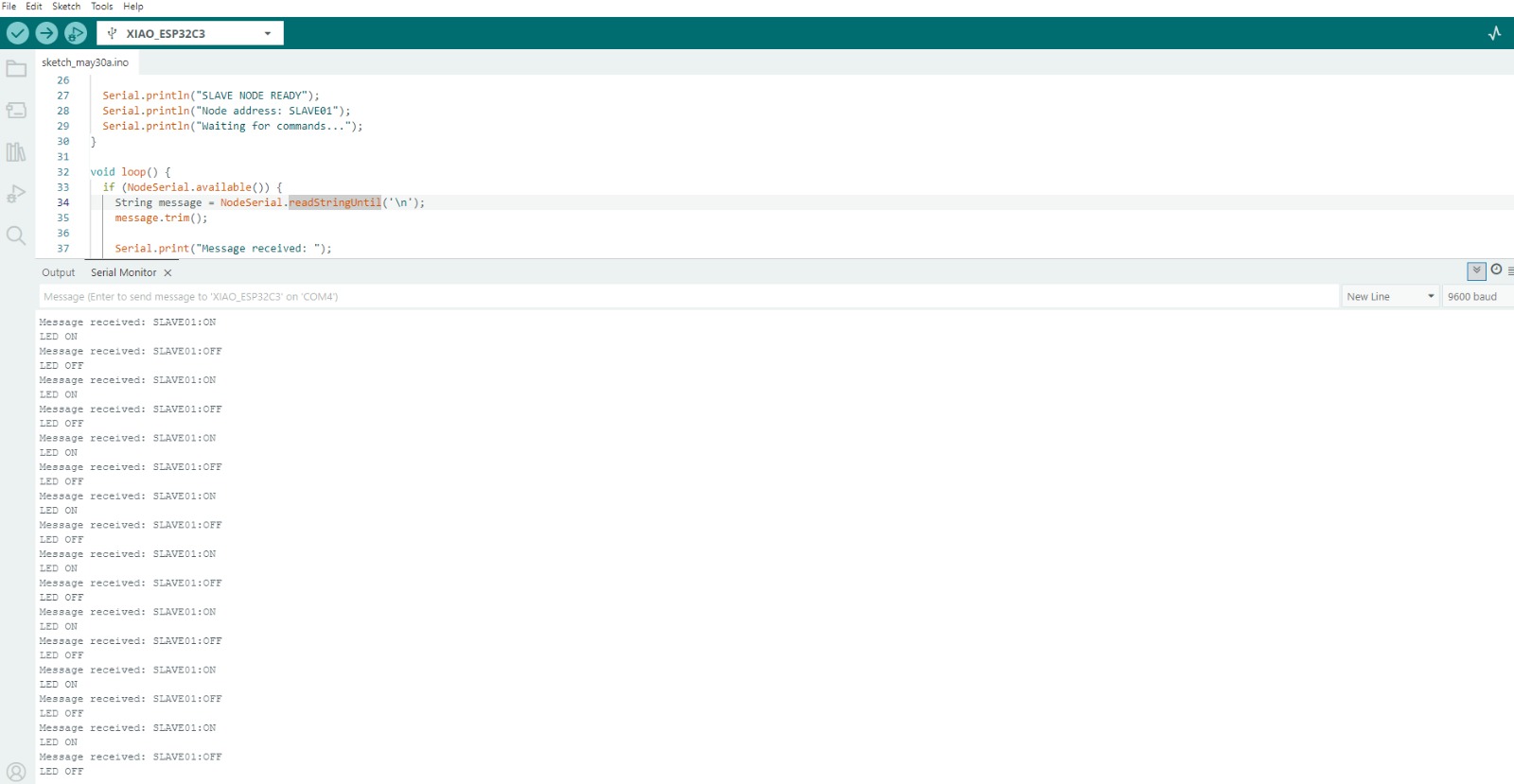 Slave serial monitor showing received commands and LED state