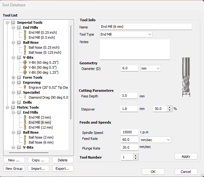 Aspire tool database settings for 6 mm End Mill