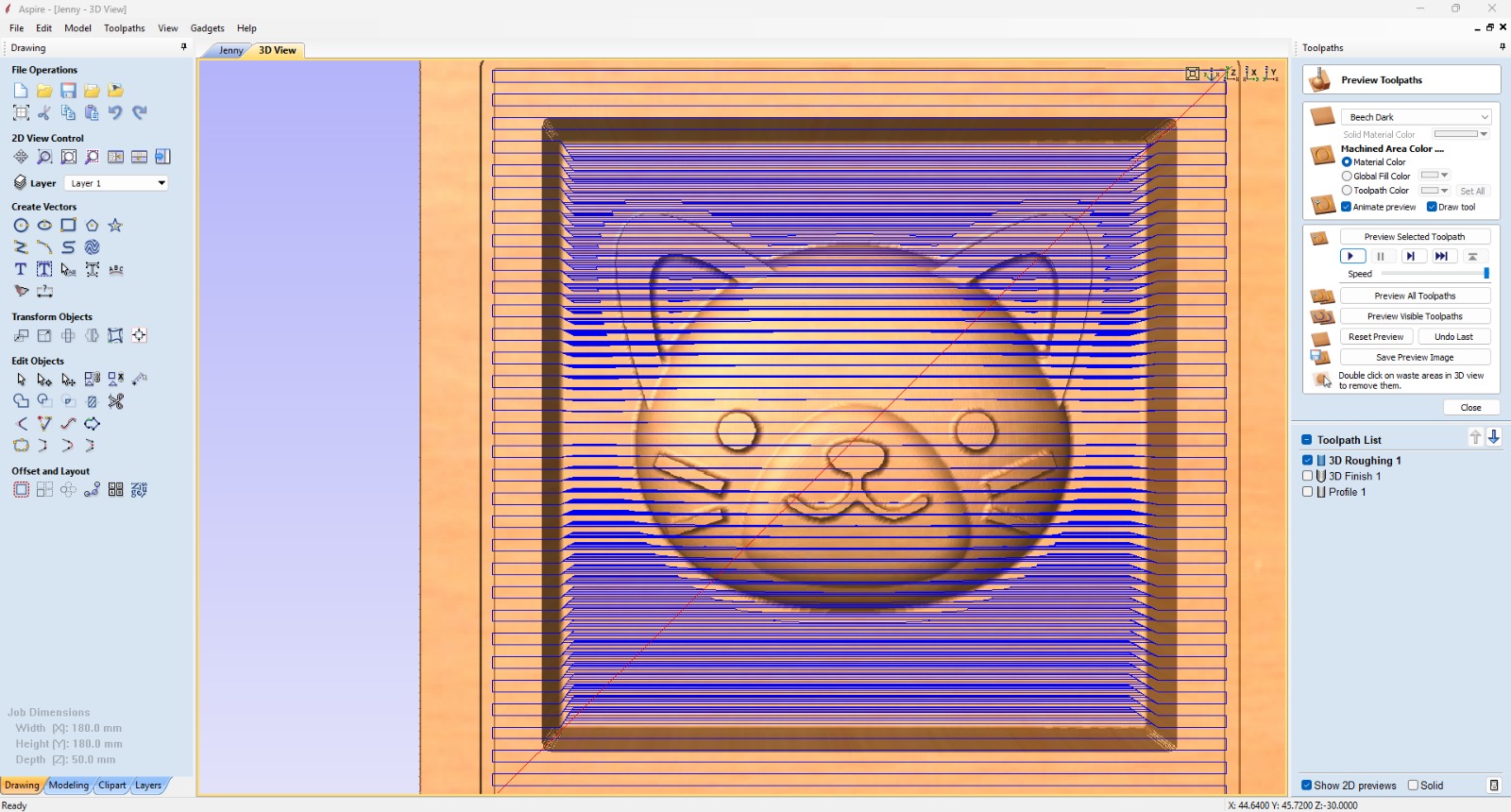 Aspire CAM toolpath trajectory for the cat mold