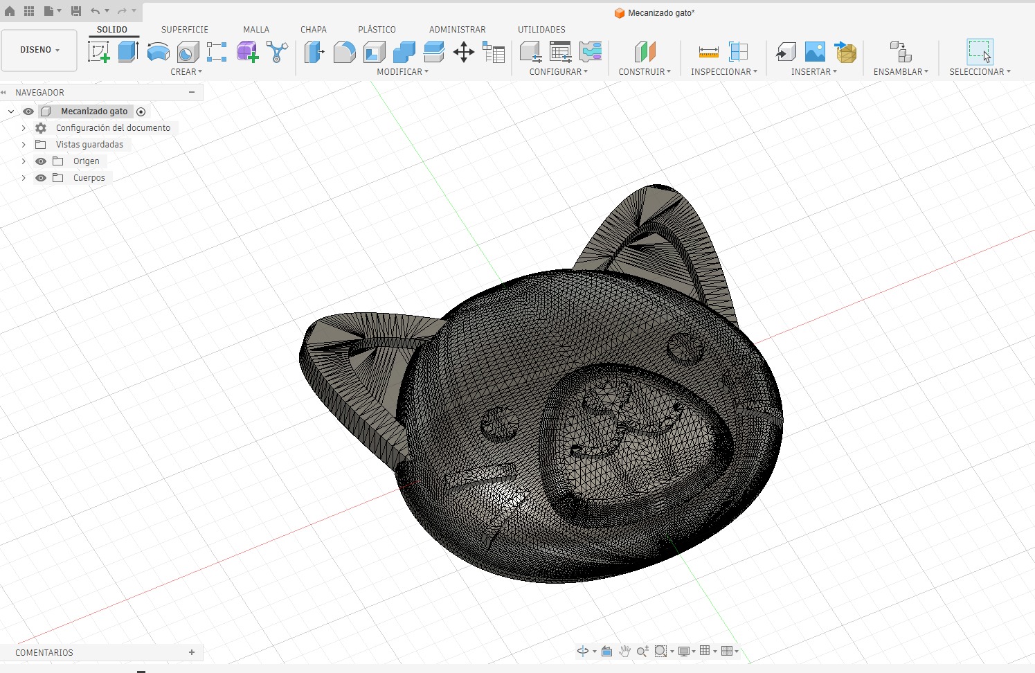 Mesh view of the cat relief in Fusion 360