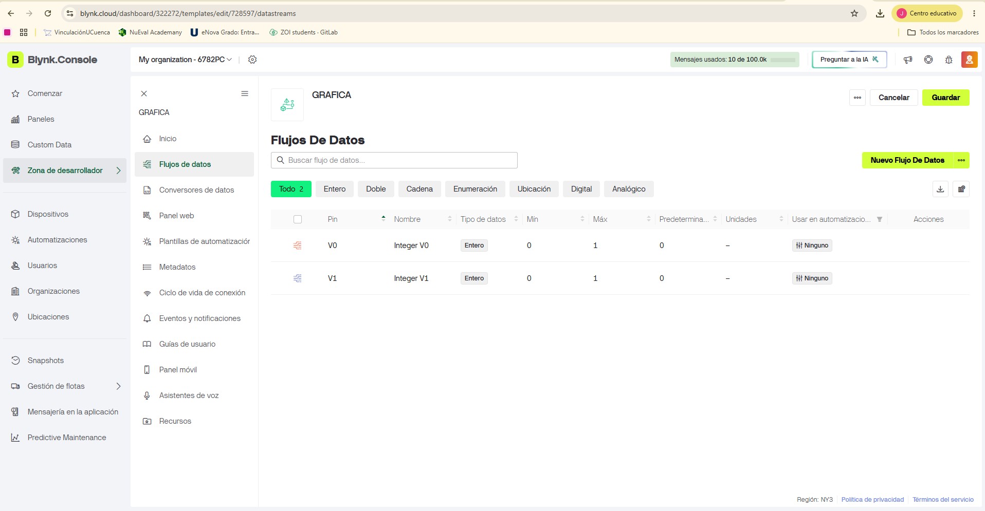Blynk dashboard configuration