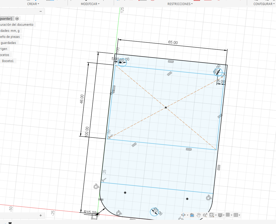 Fusion 360 sketch with dimensions for the case