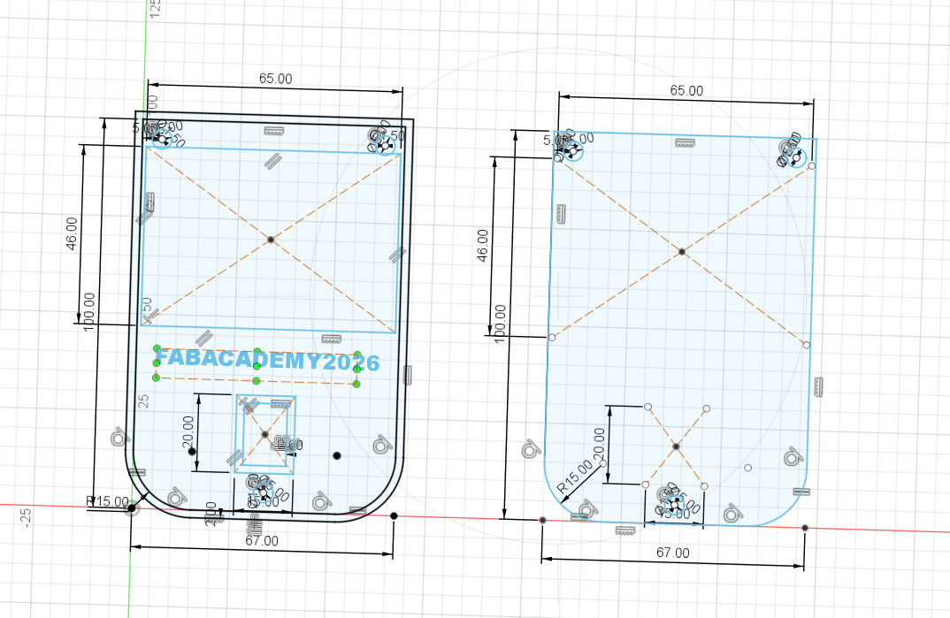 Fusion 360 sketch with cable exit and dimensions