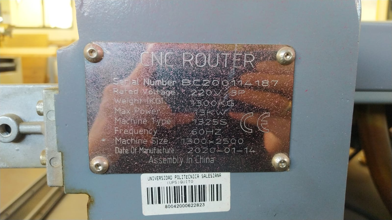 CNC router machine nameplate with technical specifications