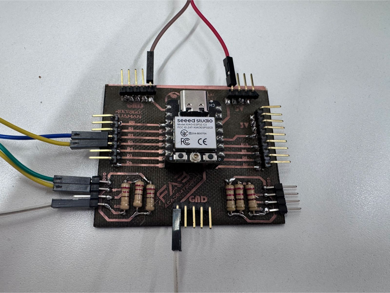Close-up of XIAO ESP32-C3 PCB sensor wiring