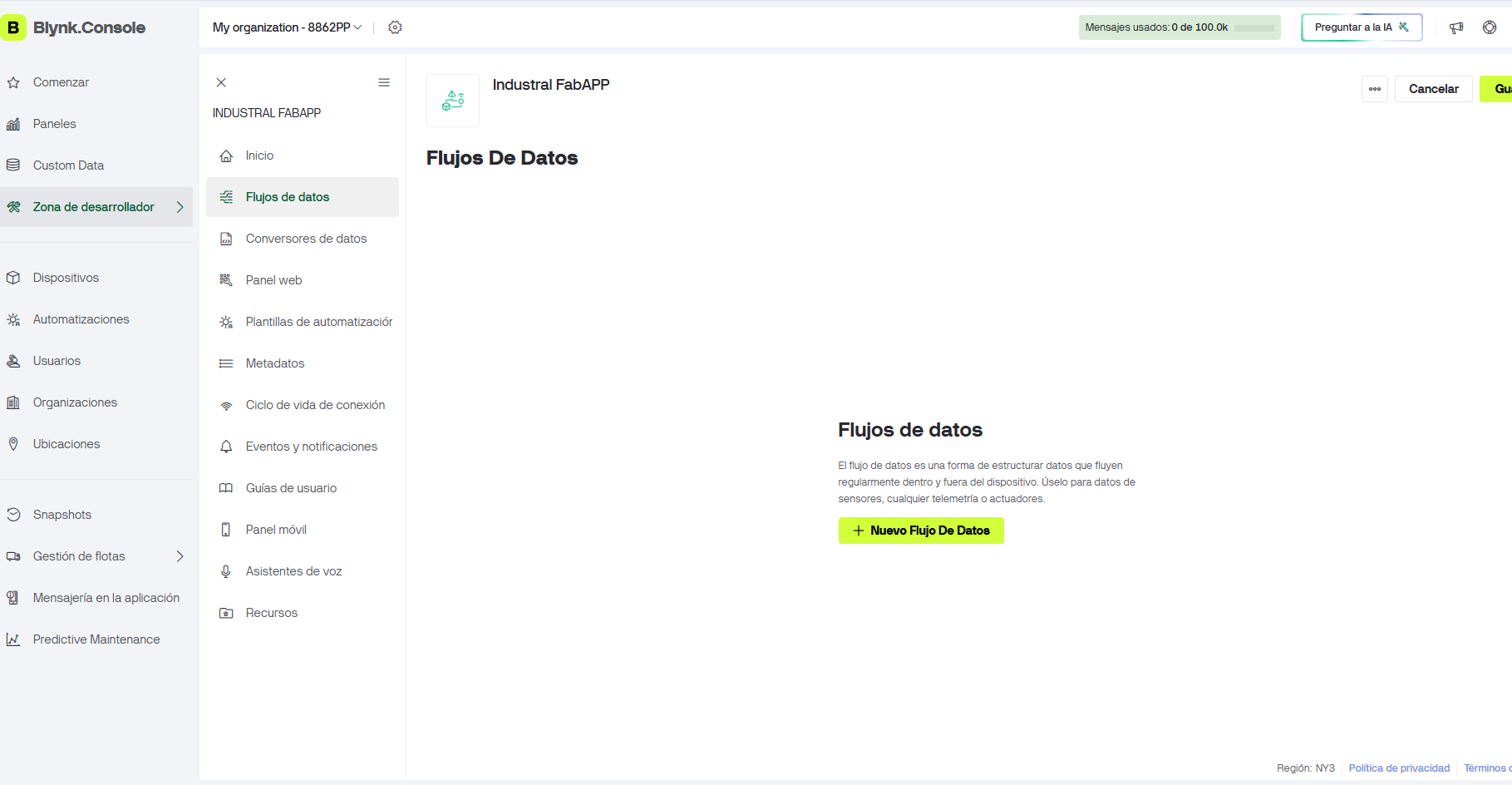Blynk Console datastreams section