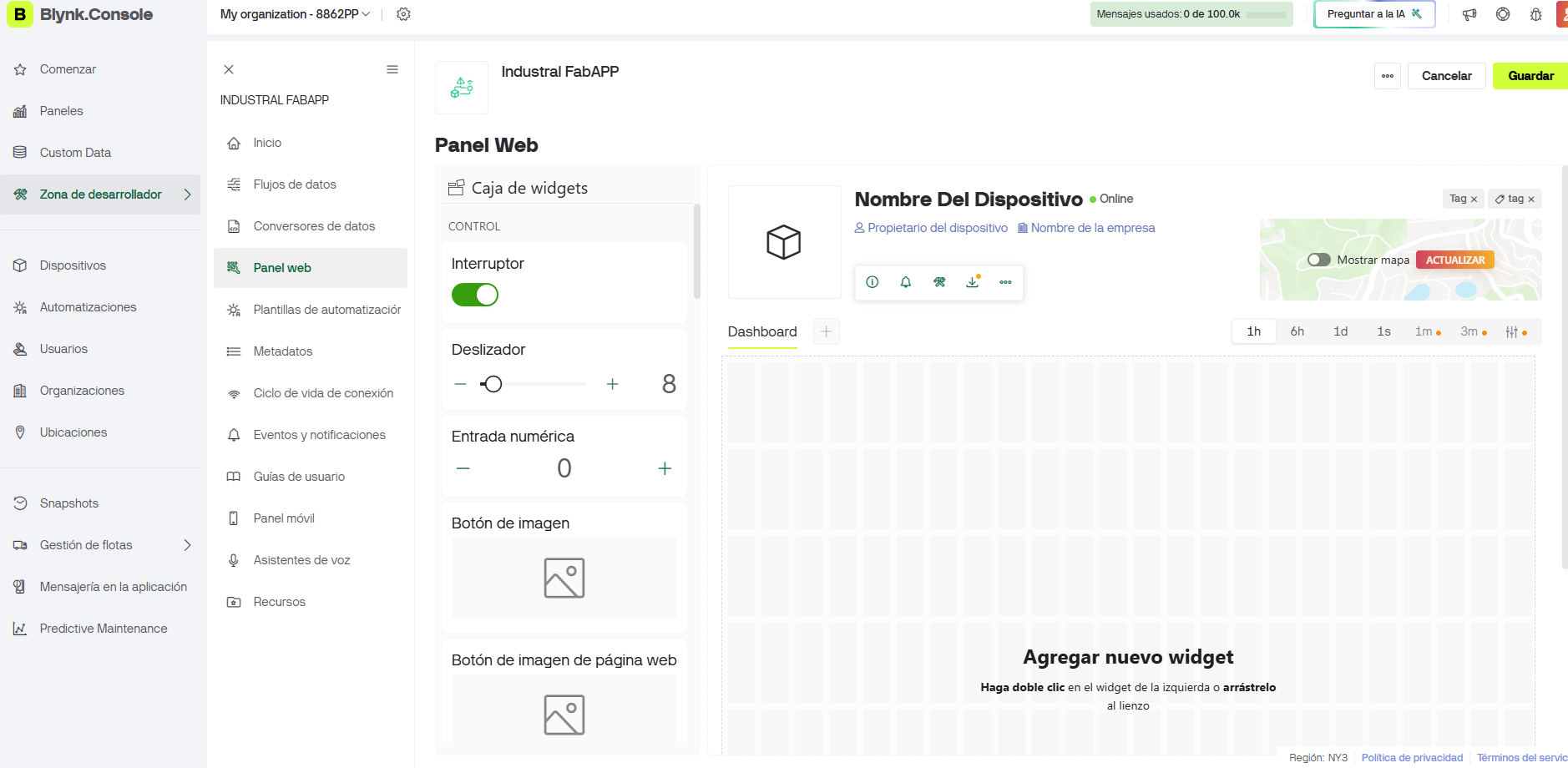 Blynk web dashboard editor