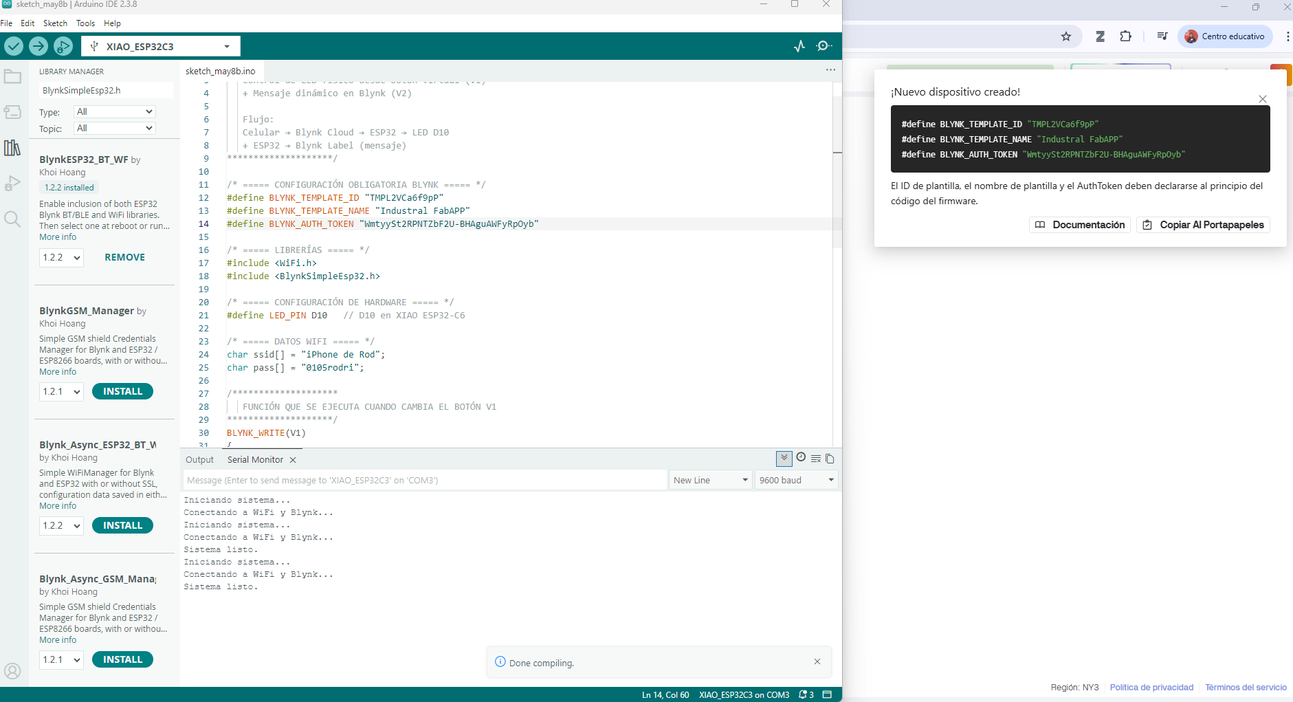 Arduino IDE with Blynk credentials