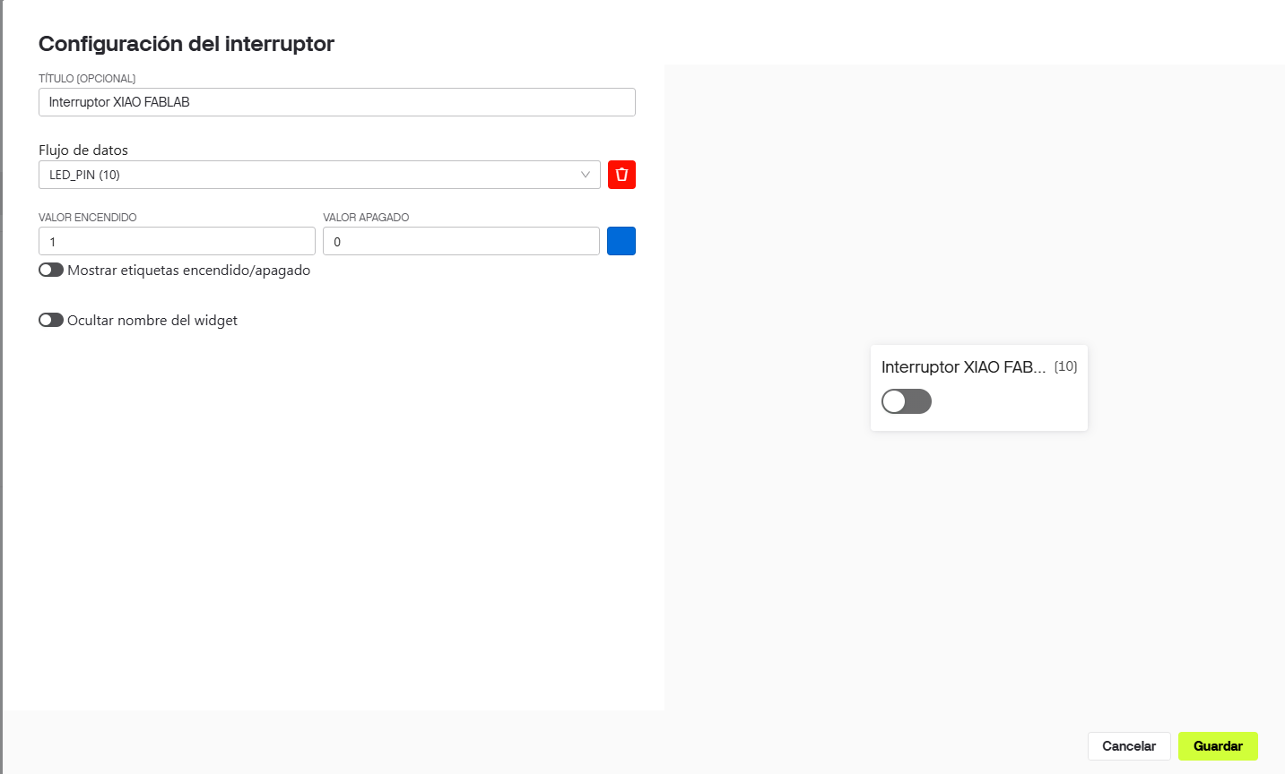 Blynk switch widget configuration