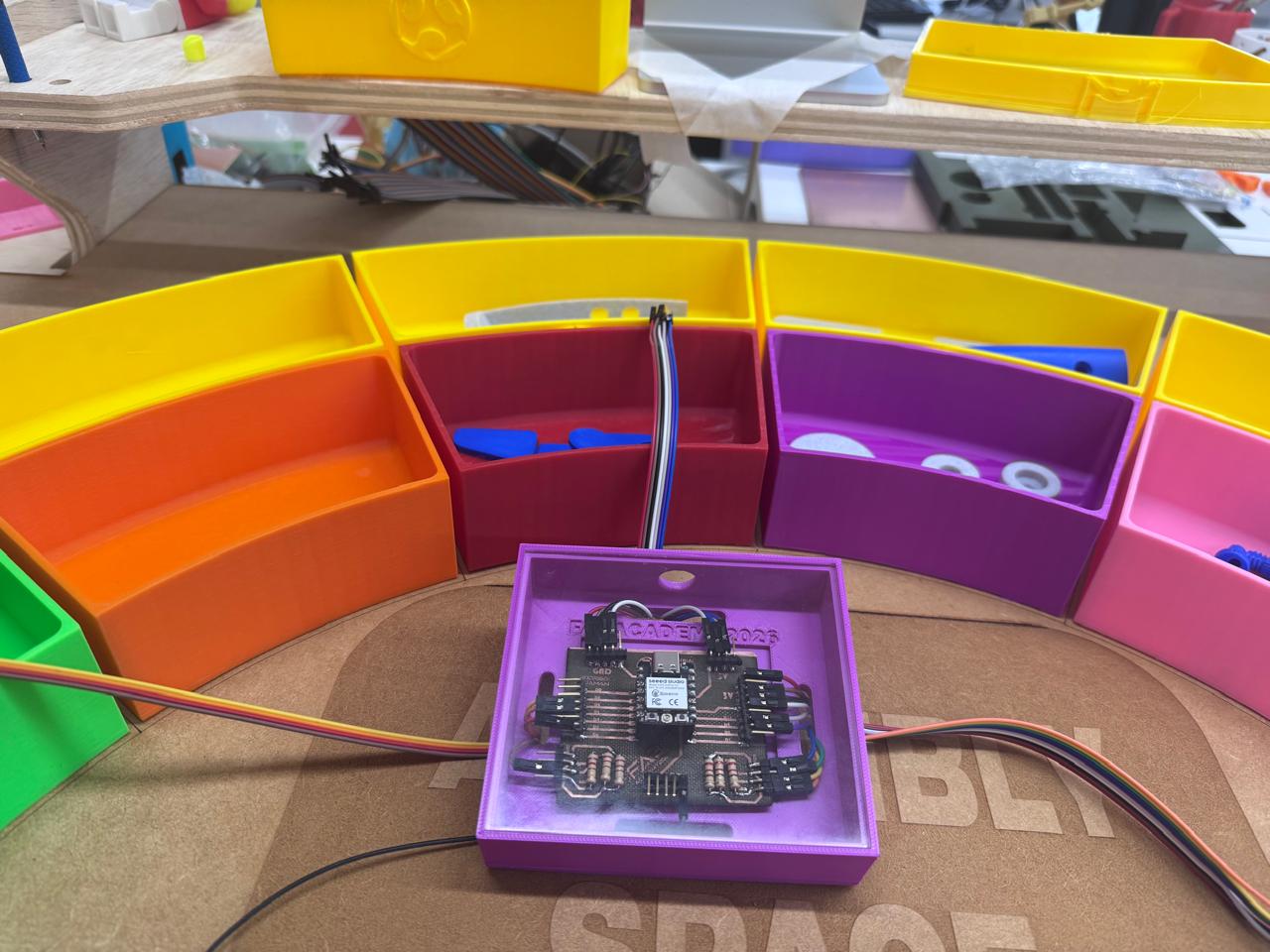 PCB, HC-SR04 sensors, and ribbon cable