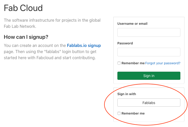 Fabcloud Gitlab login screenshot
