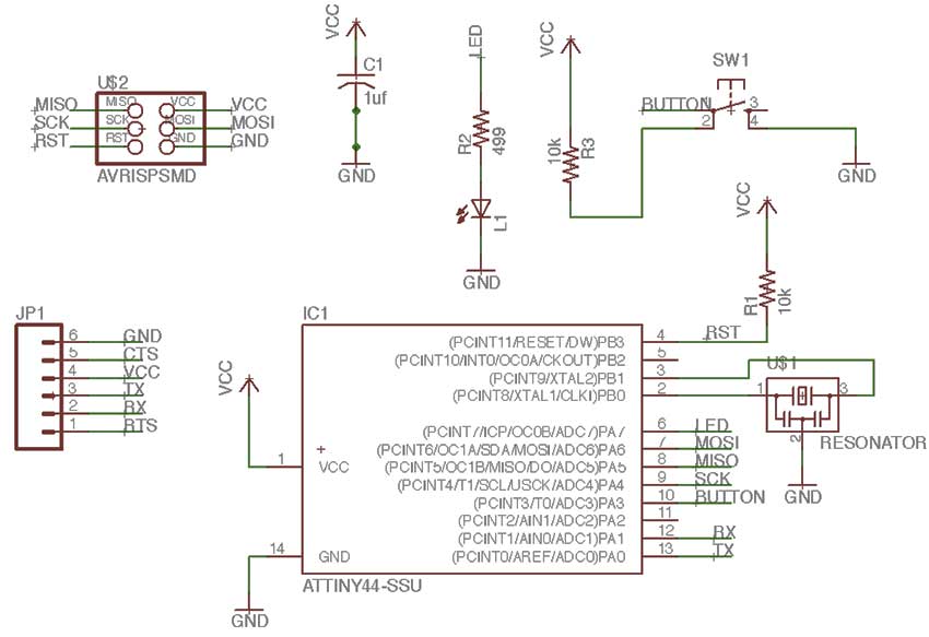 schematic of the hello echo pcb modified with a led and a button